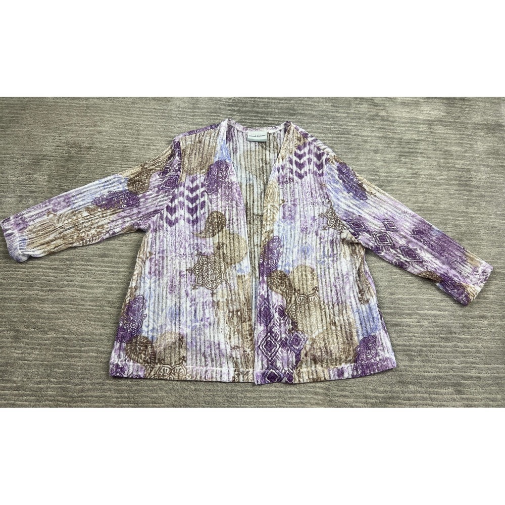 Alfred Dunner Cardigan Women PM Purple Paisley Open Front Pointelle Knit 28213